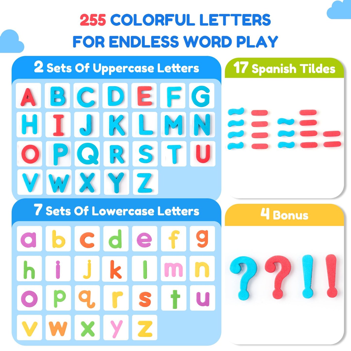 JoyCat English & Spanish Magnetic Letters Kit, 260 Pcs Foam Alphabet Magnets with Spanish Symbols & Double-Sided Magnetic Whiteboard, Bilingual Preschool Learning Toys for Classroom & Homeschool