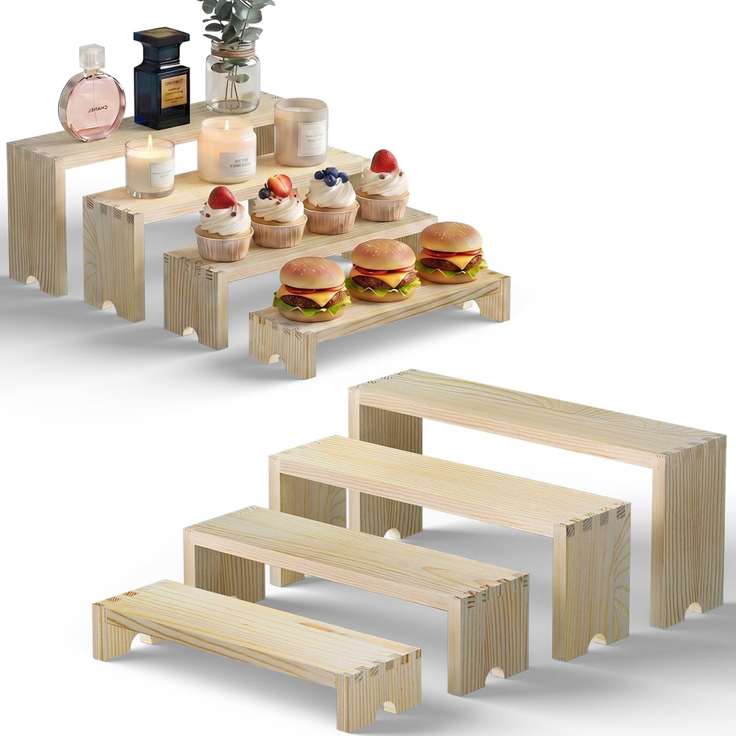 2 Set Wood Risers Tiered Display Stands Wooden Cupcake Stand Small Perfume Organizer Stackable Food Display Risers for Party Dessert Table Cologne Organizer Wood Risers for Decor Vendor, Nature
