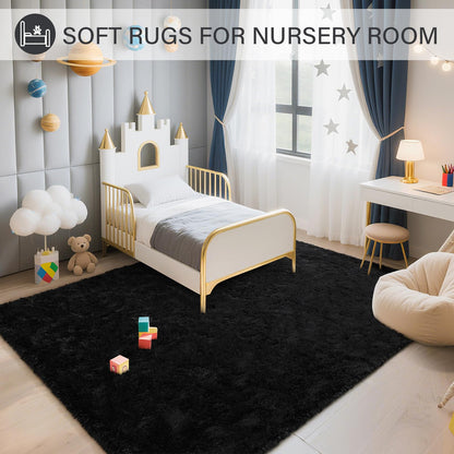 BENRON Fluffy Rugs for Living Room 5x8 Black, Washable Large Area Rugs for Bedroom Dining Table Office Kids Nursery Room, Washable Indoor Floor Carpets
