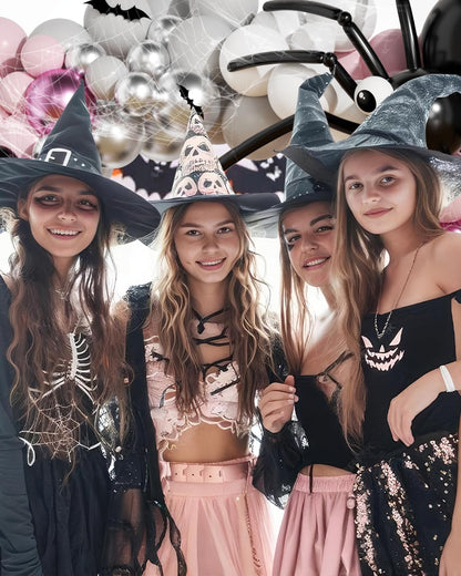 136Pcs Halloween Balloon Garland Arch Kit with Pink White Black Sliver Grey Eyes Balloons, Ghost Foil Balloon, Bats, Spider Web for Halloween Party