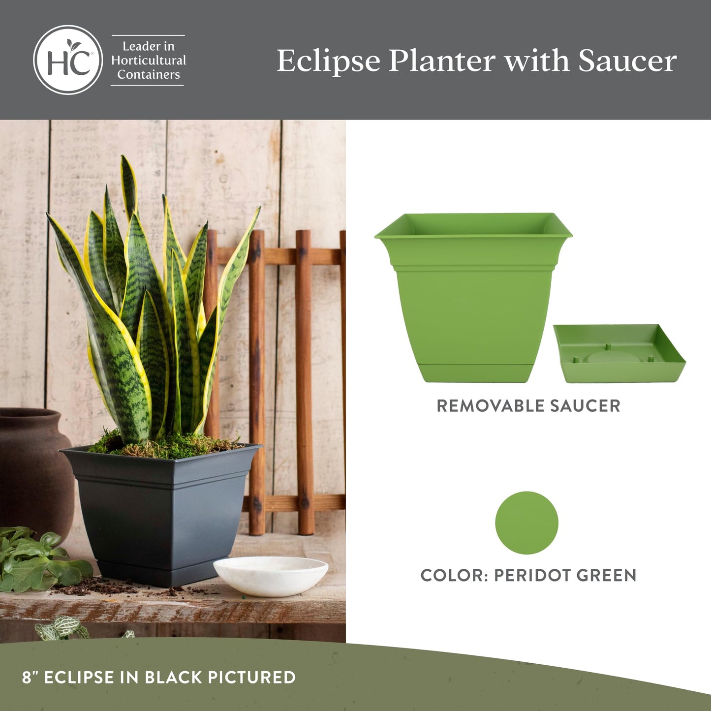 The HC Companies 6 Inch Eclipse Square Planter Pots w/Drainage Holes & Attached Saucer, Lightweight UV-Resistant Plastic Indoor Outdoor Planters, 4-Pack Flower Pots, Garden Home Decor, Peridot Green