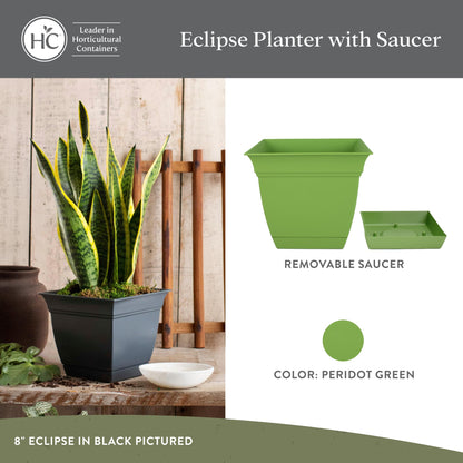 The HC Companies 6 Inch Eclipse Square Planter Pots w/Drainage Holes & Attached Saucer, Lightweight UV-Resistant Plastic Indoor Outdoor Planters, 4-Pack Flower Pots, Garden Home Decor, Peridot Green