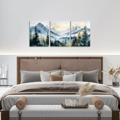 jejeloiu Smoky Mountain Canvas Wall Art for Living Room Bedroom 12"x16"x3pcs Sunrise Trees Picture Wall Decor for Bathroom Natural Scenery Art Office Decorations Artwork Posters Foggy Scenic Painting