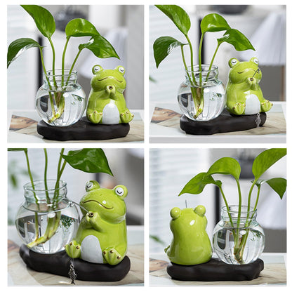 Glass Planter with Ceramic Stand, Cute Frog Fishing Propagation Vase for Plants, Hydroponic Planter for Indoor Home Office Desk Decor