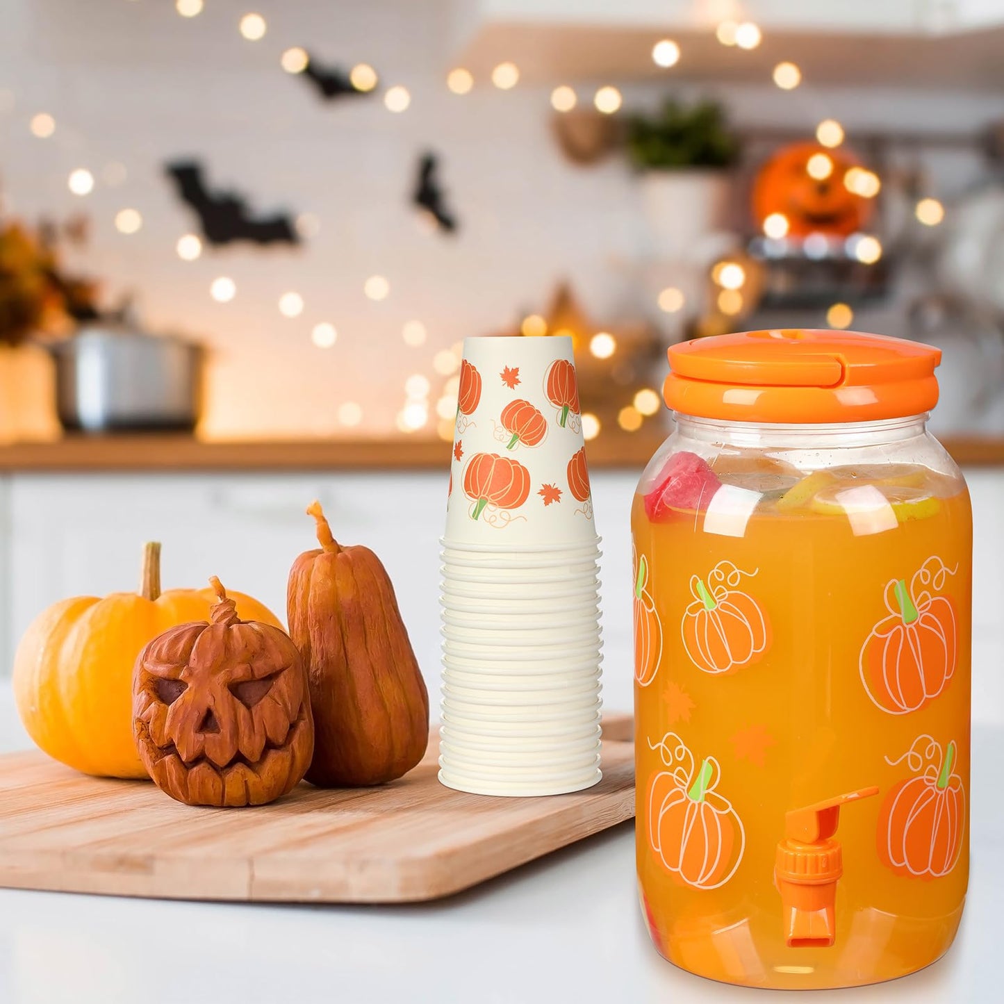 Umigy 1 Gallon Fall Pumpkin Plastic Drink Dispenser with 20 Pcs 12 oz Paper Cups Thanksgiving Harvest Kitchen Decoration Beverage Water Dispenser with Spigot for Juice Beer Autumn Party Supplies