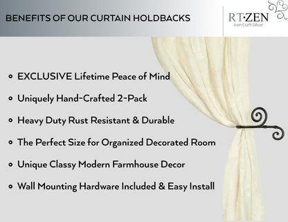 RTZEN Decorative Metal Curtain Tiebacks - Farmhouse Wrought Iron Curtain Holdbacks - Drapery Holders for Wall - Unique Metal Tie Backs for Curtains - 2 Pcs (Black Swirly)