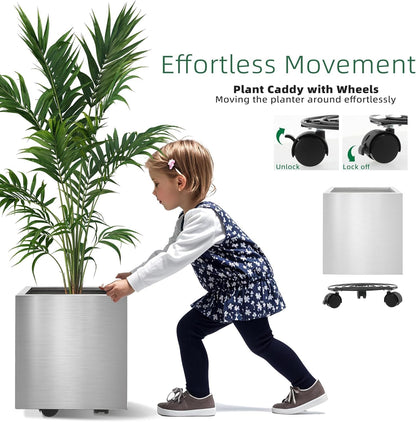 LONGRUNNEW Stainless Steel 30cm Square Planter with Wheels Trolley, Large Plant Pots for Indoor, Outdoor, Business Space, Public Places, Easy to Clean and Move