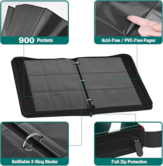 Trading Card Binder, 900 Pockets, 50 Sheets 9-Pocket, Refillable 3-Ring, Fits 2.5" x 3.5" Cards, Acid-Free PVC-Free Pages, Zip PU Cover with Strap, for TCG & Sports Cards – Campfire Design
