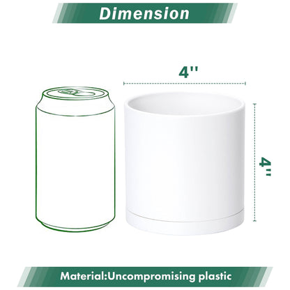 D'vine Dev 4 Pack 4 Inch Modern Plastic Plant Pots, Small Garden Planters for Plant with Drainage Holes and Saucers, White Color, 74-Z-E-2