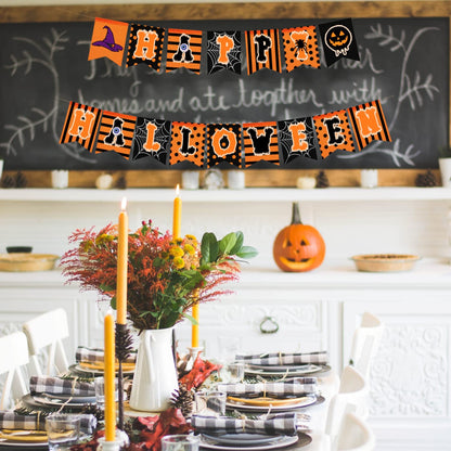 rogeramz Happy Halloween Banner Hanging Fireplace Halloween Banner Black Orange Spider web theme Home Decor Party Decoration