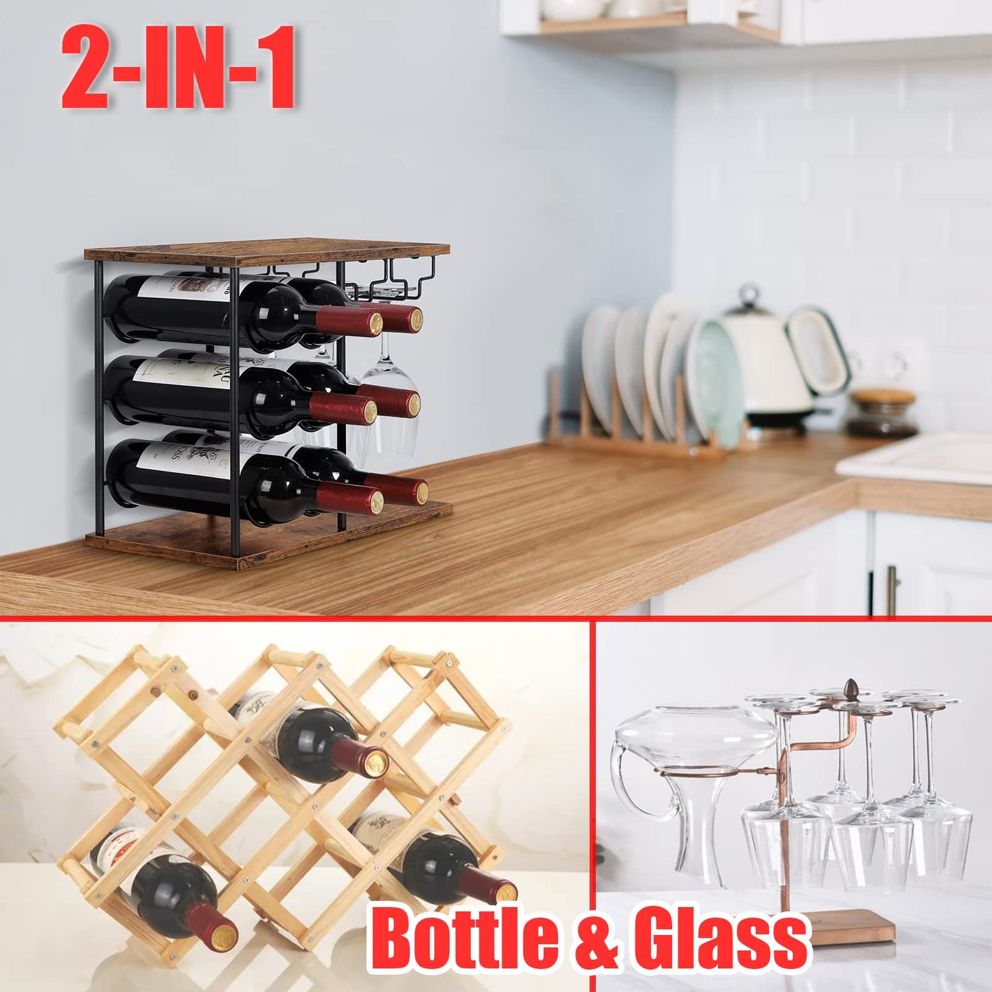 LIANTRAL Wine Racks Countertop, Hold 6 Bottles and 4 Wine Glass Rack Wine Holder, Freestanding Wine Rack for Home, Kitchen, Bar, Wine Cellar, Cabinet