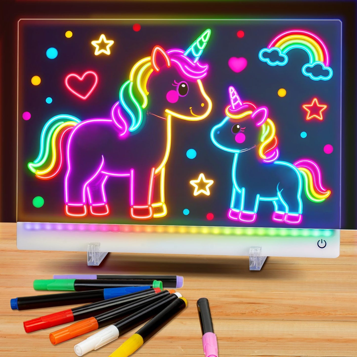 Rechargeable LED Drawing Board for Kids, 13.8 x 10 Dry Erase Board, 4 Modes &7 Colors Glowing Doodle Note Board, Include Hanging Chain, 2 Stands, 8 Markers, Spray Bottle, Cleaning Cloth, Girls Gifts