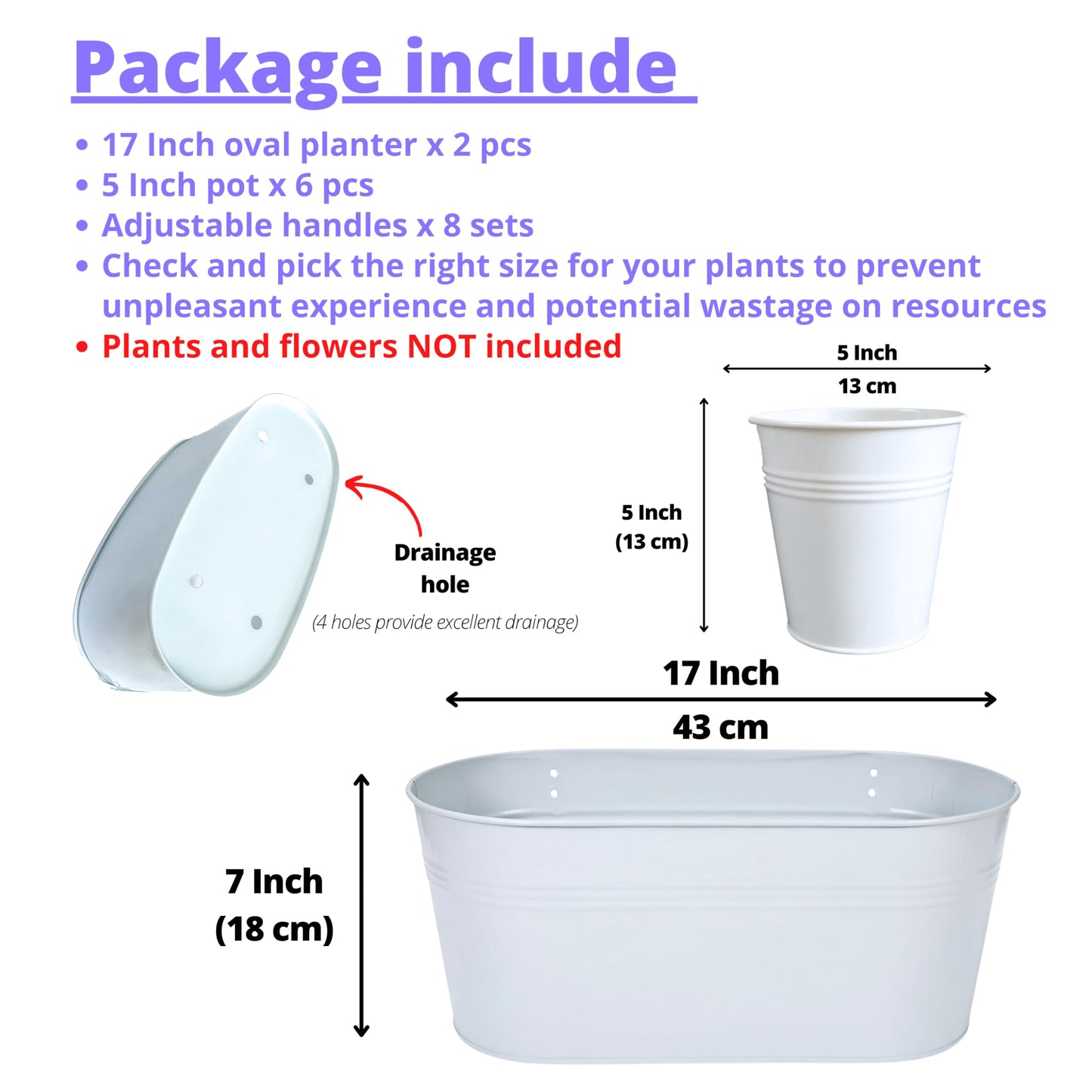 LaLaGreen 17 Inch Rail Planter (8-PIECE COMBO SET) White Large Metal Hanging Railing Fence Flower Pots, Modern Balcony Gardening for Apartment Garden Style Iron Patio Planters Outdoor Deck Decorations