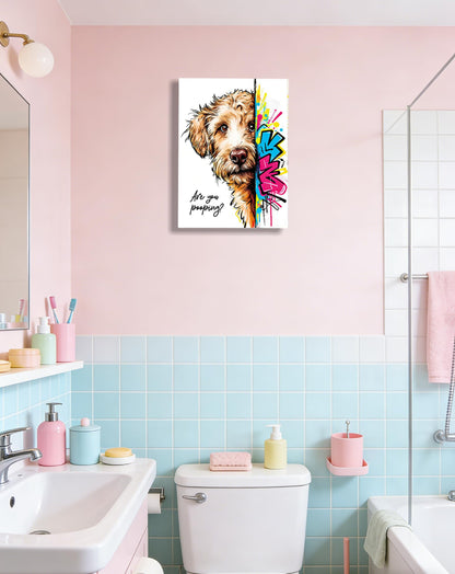 12x16“ Funny Goldendoodle Dog Bathroom Wall Art, Are You Pooping? Graffiti Pet Canvas Print, Humorous Restroom Poster Decor for Bathroom Toilet, Modern Pop Art Dog Lover Picture (Framed)