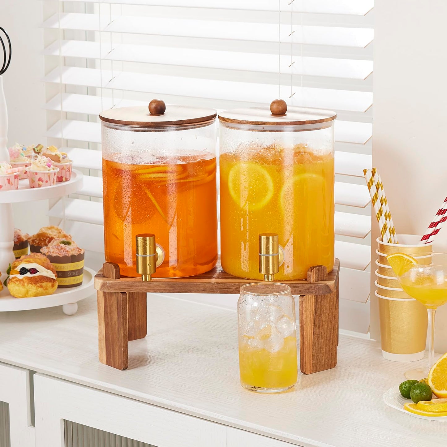 2 PCS 1 Gallon Drink dispenser, Glass Beverage Dispenser With Wood Stand, Large Water Drink Dispensers for Parties With Stainless Steel Spigot, Ideal for Lemonade,Juice, Tea, and Party Drinks