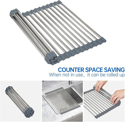 CHIRISEN Expandable Large Roll Up Dish Drying Rack 18 Tube 21.25x12.79''Collapsible Over The Sink Rack Non-Slip Silicone Rolling Dish Drainer Stainless Steel Roll Rack for Kitchen Sink Counter (Gray)