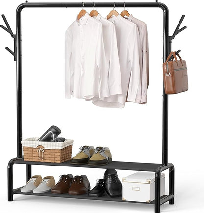 Simple Houseware 52-Inch Freestanding Closet Garment Rack with Storage Shelves and Coat/Hat Hooks, Black