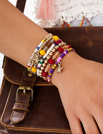 iF YOU 12 Pcs Boho Beaded Bracelets for Women, Brown Orange Bohemian Stackable Gold Bead Stretch Bracelets Stack Jewelry Gift (Colorful beaded bracelets)