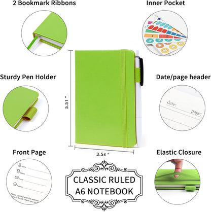 feela 6 Pack Pocket Small Notebooks Bulk, Mini Cute Memo Notepads Hardcover College Ruled Lined Journals with Pen Holder for Women Girls Office School, with 6 Black Pens, 3.5”x 5.5”, A6, Green