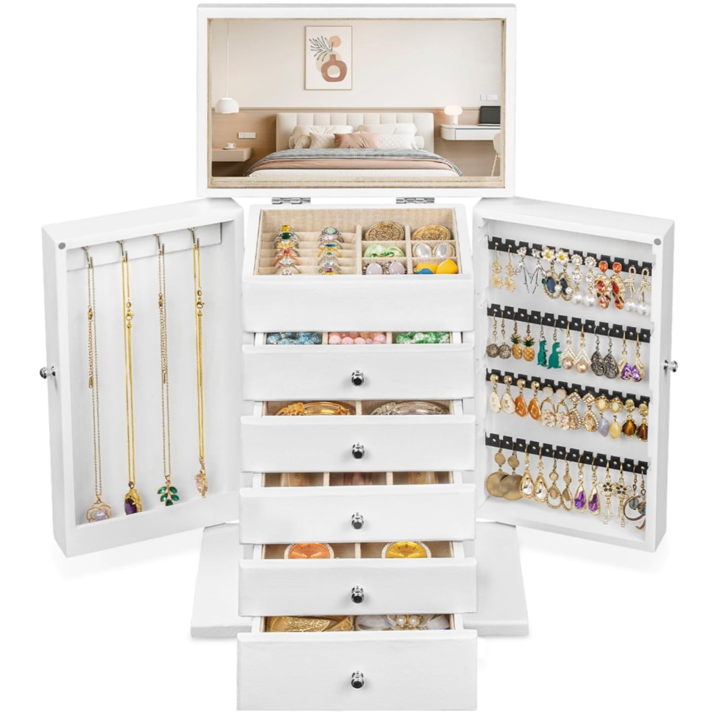 Emfogo Wooden Jewelry Box for Women, 6-Tier Large Jewelry Organizer Boxes with Mirror Rustic Solid Wood jewlery Storage for Rings Earrings Necklaces Bracelets watches(White)