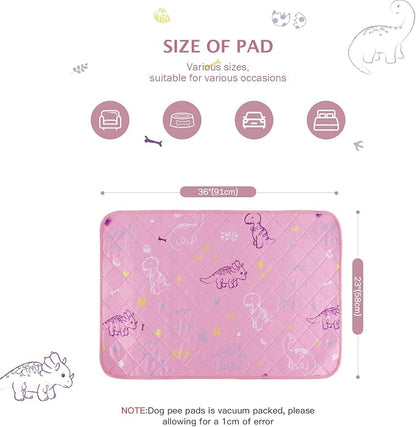 IEUUMLER Washable Pee Pads for Dogs, 2 Pack Non-Slip & Waterproof Pack Whelping Pad, Reusable Washable Puppy Potty Training Pad with Fast Absorbent for Playpen EU007 (Pink Dinosaur, 36"X24"-2pcs)