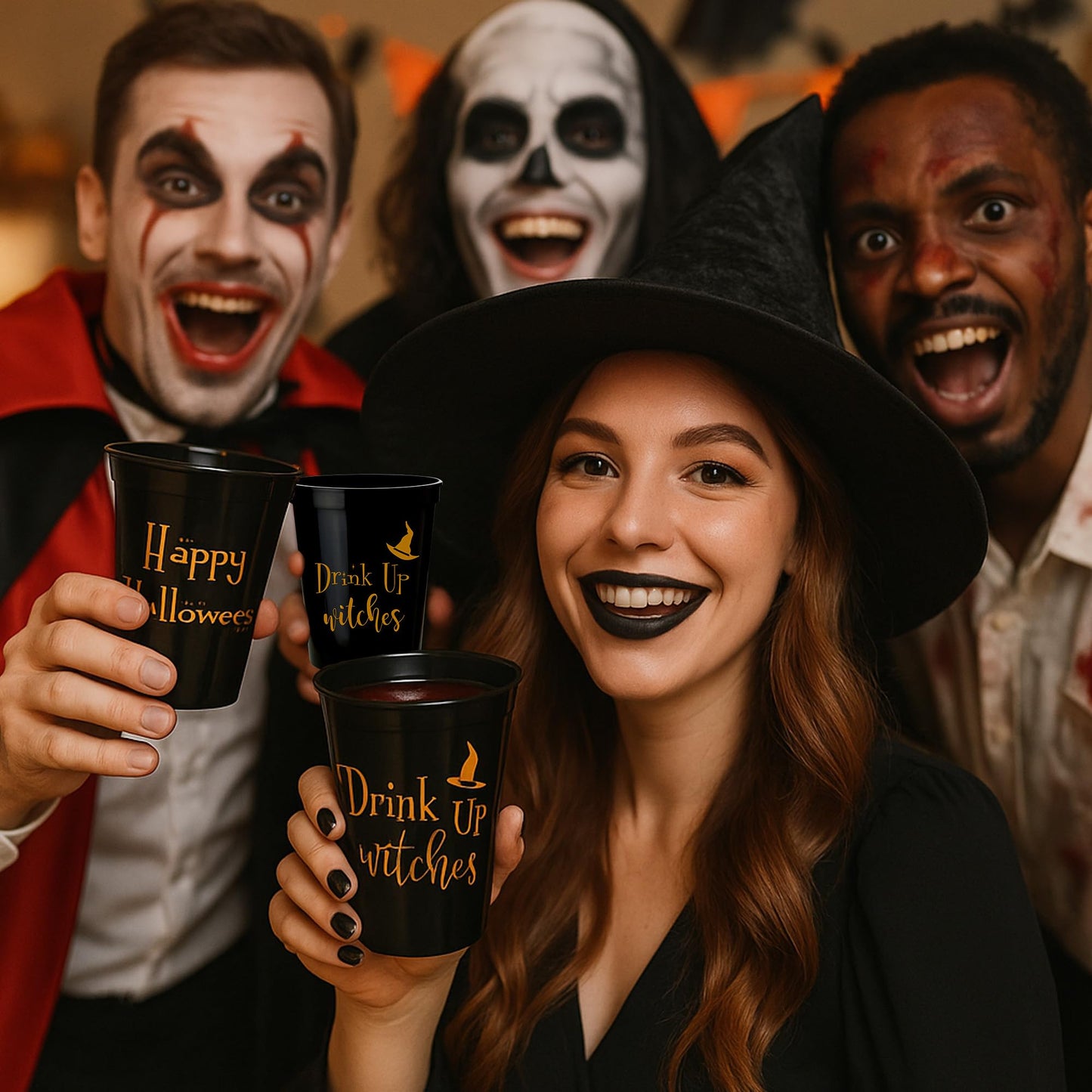 Drink Up Witches Halloween Cups For Adults, Set of 12 Black Party Cups, 16 Oz Each Reusable Plastic Cup, Halloween Party Favors For Adults, Perfect Spooky Cup for Drinkware and Decorations