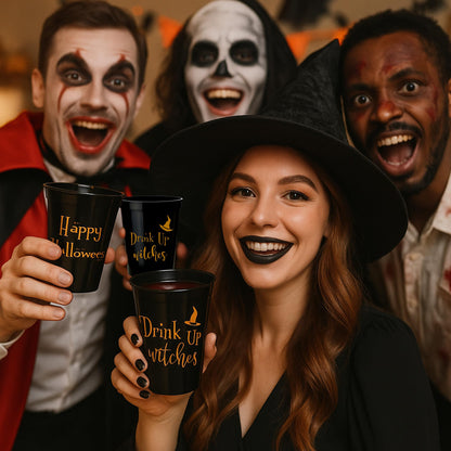 Drink Up Witches Halloween Cups For Adults, Set of 12 Black Party Cups, 16 Oz Each Reusable Plastic Cup, Halloween Party Favors For Adults, Perfect Spooky Cup for Drinkware and Decorations
