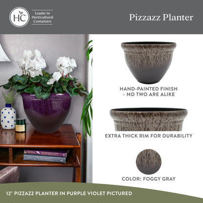 The HC Companies 9 Inch Pizzazz Round Planter Pots with Ceramic Look, Lightweight UV-Resistant Plastic Indoor & Outdoor Planters, 2-Pack Flower Pots for Garden & Home Decor, Foggy Gray