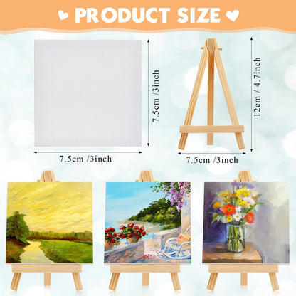 Mimorou 32 Pack Mini Canvas with Easel Sets for Painting Small Art Stretched Canvas Panels Pack with Sturdy Wood Display Easel for Classroom Crafts End of The Year Gifts (3 x 3 Inch)