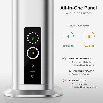 Airversa Waterless Diffuser, Smart Tower Diffuser with App Control, Cold Air Scent Diffuser Oil Machine for Homes Offices Hotels, 300mL Capacity, Up to1500 sq ft, DC-12V/1A Plug, RDX Silver