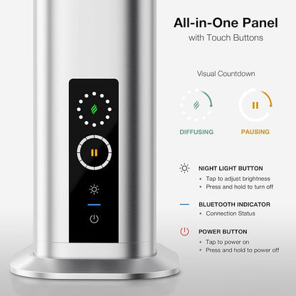 Airversa Waterless Diffuser, Smart Tower Diffuser with App Control, Cold Air Scent Diffuser Oil Machine for Homes Offices Hotels, 300mL Capacity, Up to1500 sq ft, DC-12V/1A Plug, RDX Silver Kit