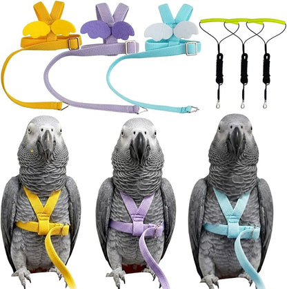 3 Pack Adjustable Bird Harness with Elastic Leash, Pet Parrot Harness and Leash, Adjustable Training Design Anti-Bite, Bird Nylon Rope with Cute Wing for Conure African Grey (XXL)