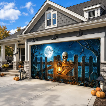Halloween Garage Door Banner 157.5x70.9in Haunted House Graveyard Scene with Rope 393.7in & 10 Grommets Double Stitch Outdoor Garage Door Cover Halloween Garage Door Decorations Backdrop