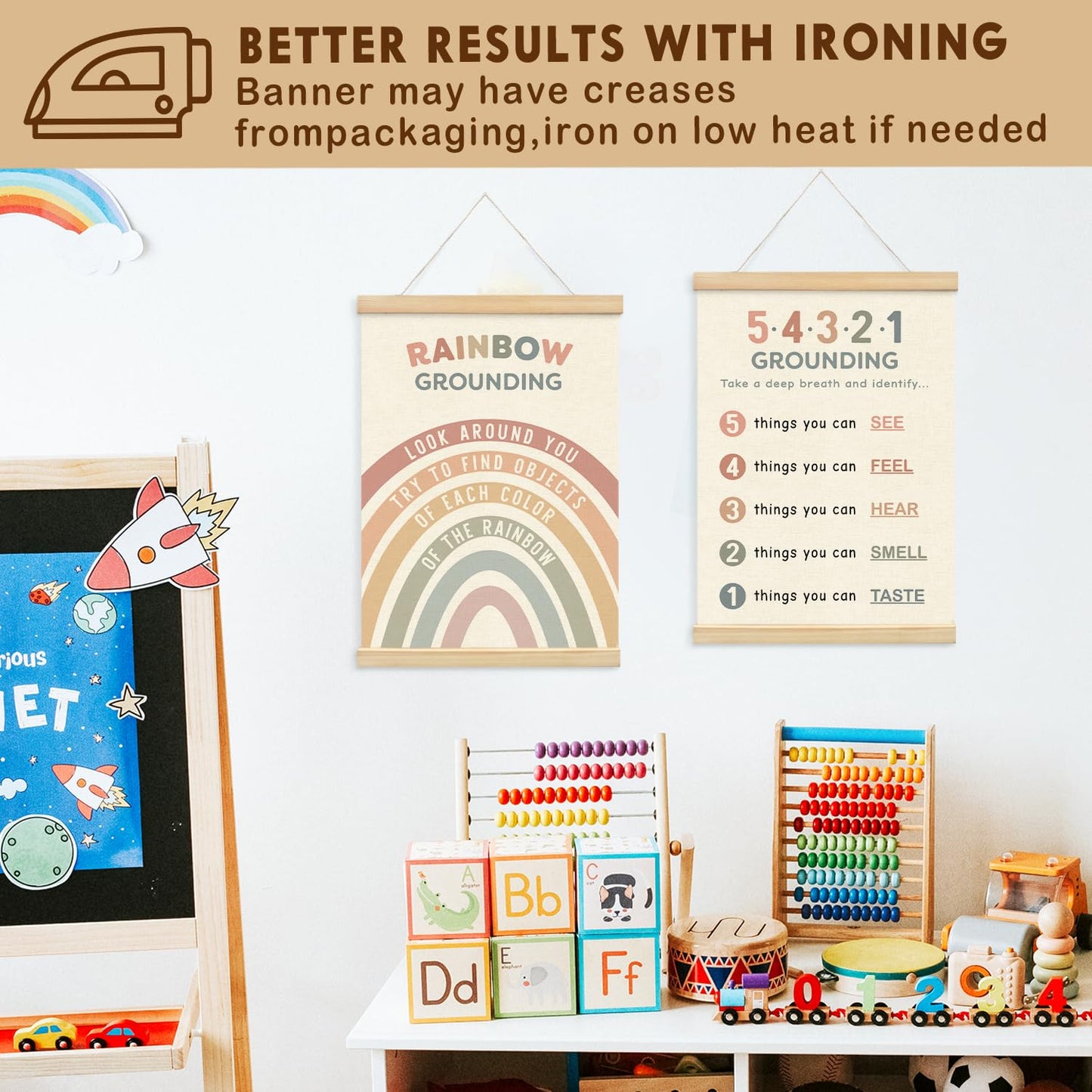 Lacama Calm Down Corner Supplies Wooden Poster Hanger for Homeschool Classroom Preschool Wall Art Decorations,Feelings Chart for Kids, Mental Health Posters, Educational Poster Chart Coping Skills