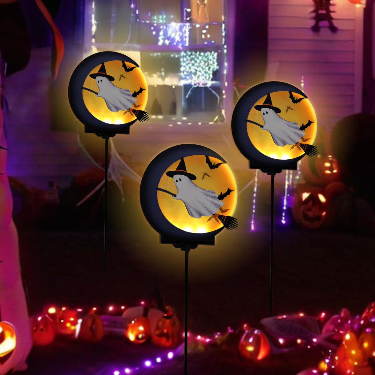 Halloween Ghost Solar Light Stakes Decorations Outdoor, Halloween Lights Ornaments Holiday Decorations Party, Ghost Moom Silhouette Outdoor Halloweens Decor