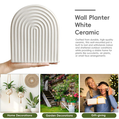 qumHmup Ceramic Wall Planter, Modern Ribbed White U-Shaped, 7.3 inch Height, Indoor Outdoor Hanging Vase with Drainage Hole, Decorative Fluted Texture