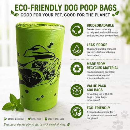 Dog Poop Biodegradable Bags One Biig Roll (600 ct.) Eco-friendly Doggy Poop Bags Pet Waste Pickup Bag Degradable Cat Waste Disposal Bags (1 Roll, 600 Bags)