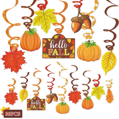 36CT Autumn Hello Fall Party Hanging DecorationsFoil Swirls Pumpkins Maple Leaves Acorns Harvest Thanksgiving Photo Props Ideas Ceiling Door Whirls Streamers Supplies