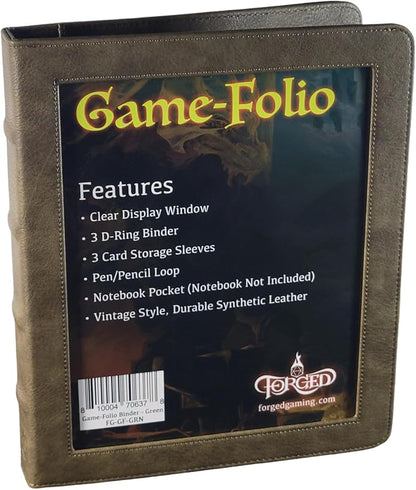 Forged Dice Co. Game-Folio PU Leather Portfolio Binder - Gaming Binder for DND Character Sheets with DND Spell Cards Organizer and Clear Front Pocket - Compatible with Dungeons and Dragons RPG - Green