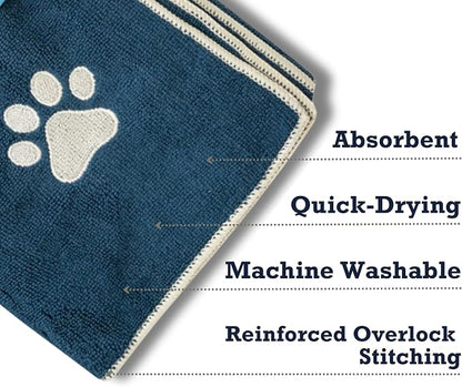 Country Living Large Marine Blue Microfiber Dog Bath Towel - Quick-Drying, Absorbent, Durable, and Machine Washable, Embroidered Paw Print, 48" x 22" for All Dog Sizes