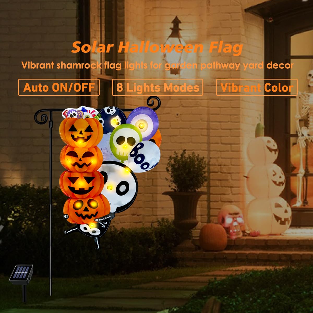 3D Lighted Halloween Garden Flag, Solar Powered LED Outdoor Skeleton & Pumpkin Holiday Yard Flag, Double Side Spooky Ghost Skull Shaped Flag for Patio Lawn, Home Porch 12×18 Inch