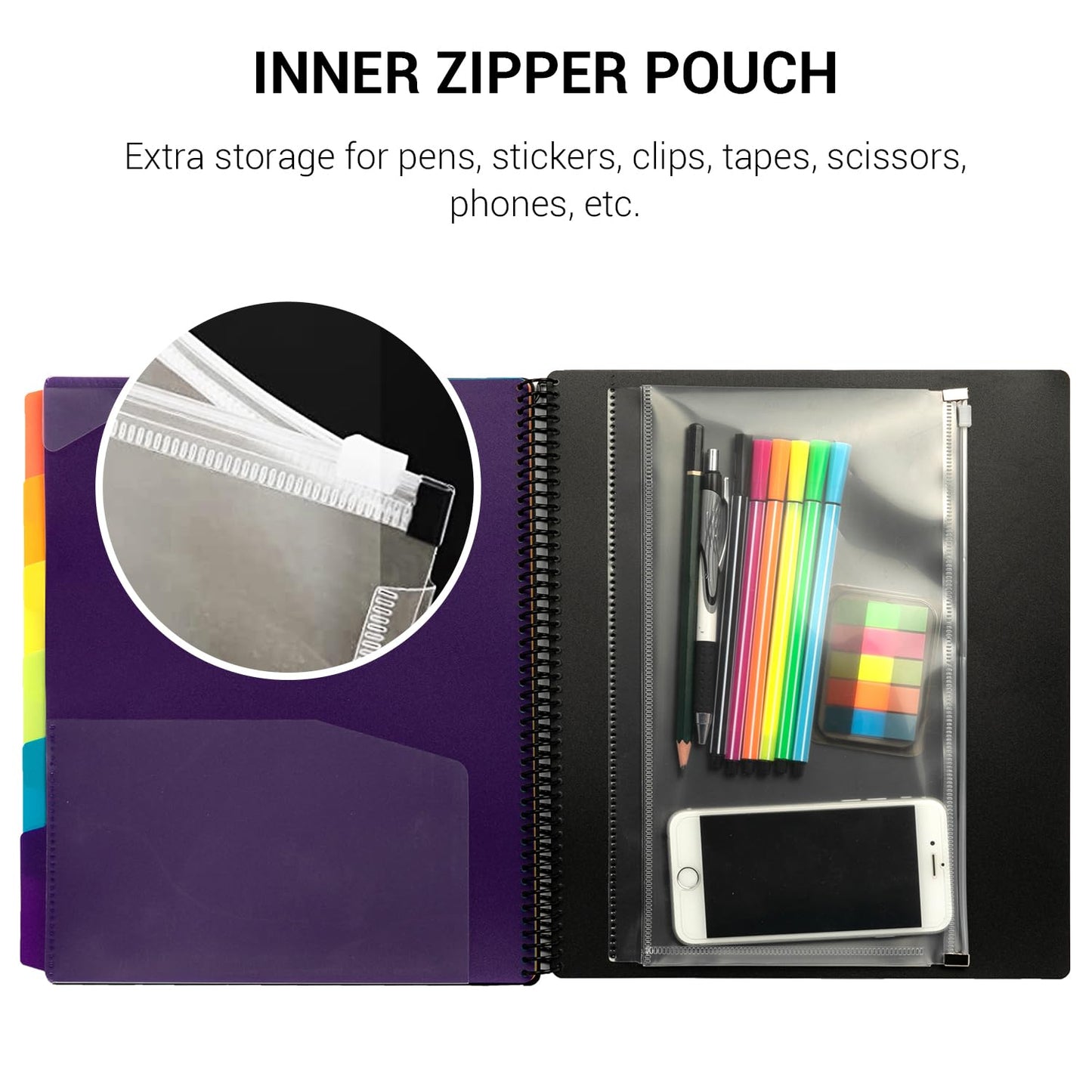 Mukawa 24 Pocket Poly Project Organizer, Letters Size Spiral Bound Project Folder with Inner Zipper Pouch, Customizable Front Cover, 12 Dividers with Erasable Tabs, Letter-Sized, 1 Pack