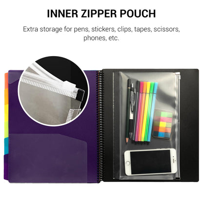 Mukawa 24 Pocket Poly Project Organizer, Letters Size Spiral Bound Project Folder with Inner Zipper Pouch, Customizable Front Cover, 12 Dividers with Erasable Tabs, Letter-Sized, 1 Pack