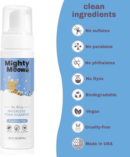Waterless Foam Shampoo for Cats - No Rinse, Dry Shampoo for Cats - Eliminates Odors - Gentle & Anti-Itch - Natural & Hypoallergenic Waterless Cat Shampoo – Fragrance Free - 8 fl oz
