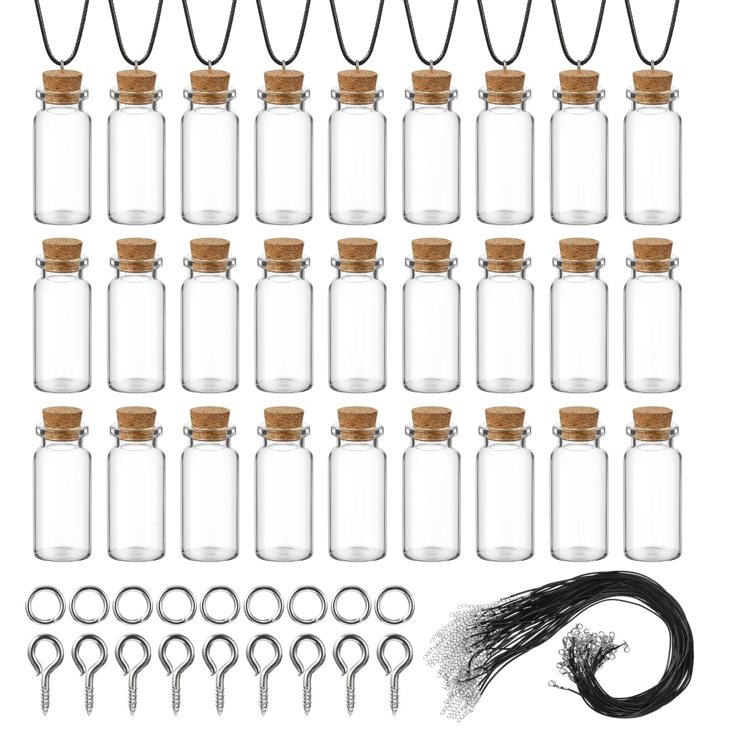 Sawysine 50 Set 10 ml Mini Glass Bottles with Cork Necklace Glass Tiny Wishing Bottle Vial Black Waxed Cord Eye Screws Clasp Rings for DIY Crafts Container Jars(Black)