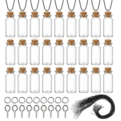 Sawysine 50 Set 10 ml Mini Glass Bottles with Cork Necklace Glass Tiny Wishing Bottle Vial Black Waxed Cord Eye Screws Clasp Rings for DIY Crafts Container Jars(Black)