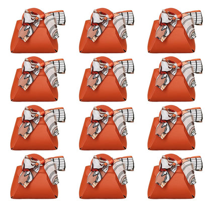 CALFOVERA 12 Pack Leather Purse Ribbon Candy Bags Orange PU Wedding Gift Treat Bags with Handle Ribbon Reusable Party Favor Boxes for Weddings Birthdays Christmas Halloween Party Decoration