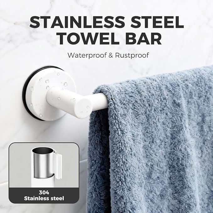 Adjustable Suction Cup Towel Bar for Bathroom Wall,14.6Inch~24 Inch Towel Racks for Bathroom,Stainless Steel Bath Towel Holder for Shower(Matte White)
