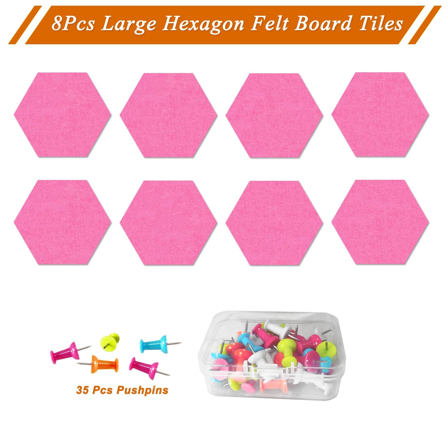HULAVO Large Hexagon Felt Cork Board Tiles, Self Adhesive DIY Felt Bulletin Board Pin Board with 35 Pushpins for Office School Home Wall Decor Stickers Memos Photos Display(Pink)