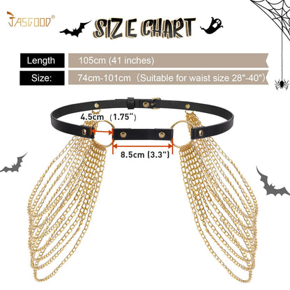 JASGOOD Punk Waist Chain Belt Black Leather Layered Belly Body Waist Chains Nightclub Rave Body Chain Belt for Women Girls (Black with Gold Chain,Fits Pants Size up to 25-32 inch)